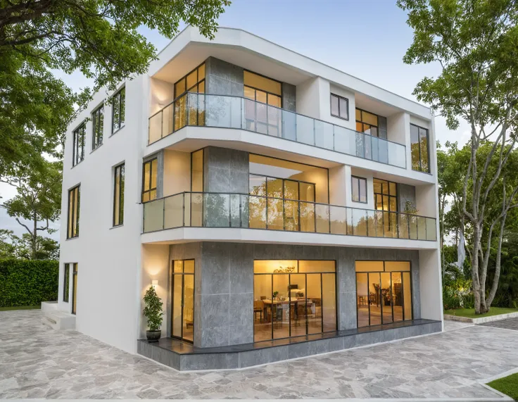 modern villa on street, (daylight), tropical tree, vivid colour, streetcapes, white tone, white wall, large glass door, warm int...