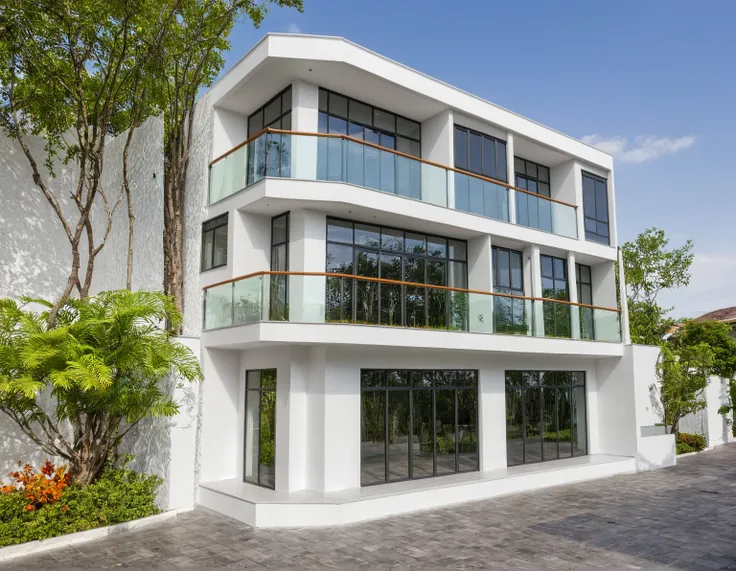 modern villa on street, (daylight), tropical tree, vivid colour, streetcapes, white tone, white wall, large glass door, warm int...