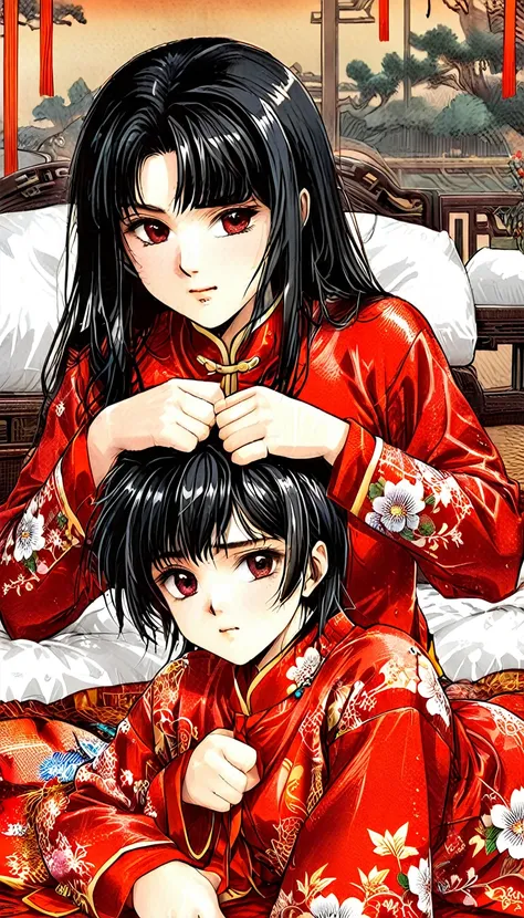 A tragic historical drama in 8k live-action style: Beautiful palace secrets　Beautiful 10 year old Chinese Kung Fu girl with long black hair has very rough unwanted sex with old man emperor　Gorgeous embroidery, Ultra glossy, She is wearing a shiny red top a...