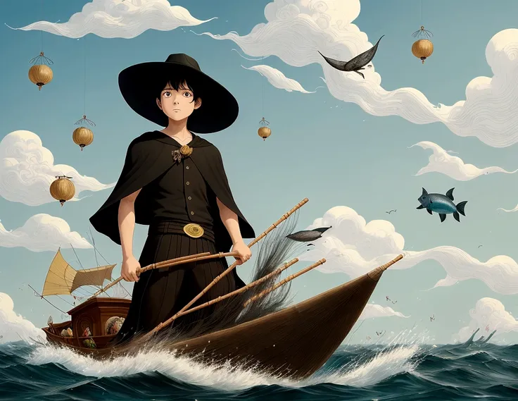 Black-haired male pupil, boy, short-sleeved shorts, wearing a long cape, a straw hat with two streamers and countless wind chimes, blowing a green flute on the back of a huge fish made of water, leading more fish behind him