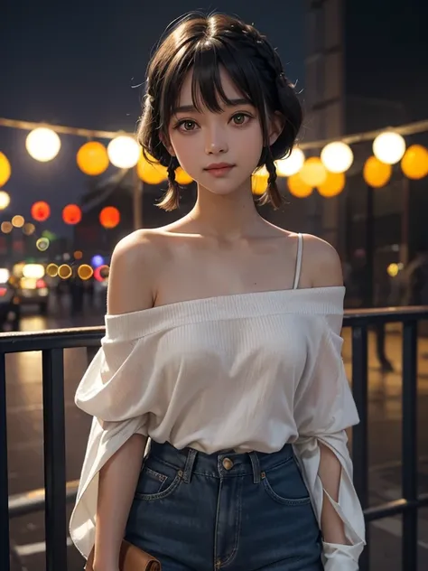 （Fluorescent Color：1.4），（translucent：1.4），（Retro filter：1.4），（strange：1.4），（Photo of a woman，1 girl：12 years old），Off-shoulder，loose clothes，light, Smile,Short hair details，Black shawl straight hair，Side Bangs，tiny braids，High-resolution details、Very detai...