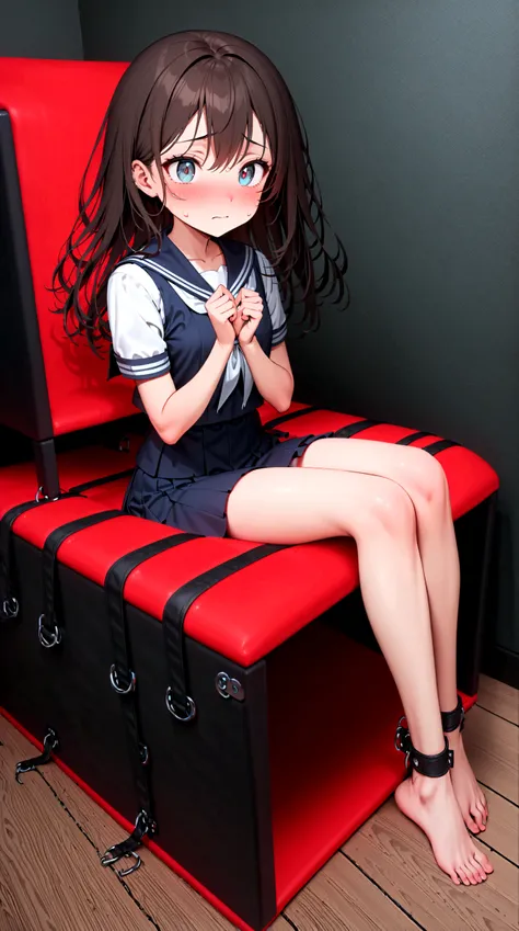 2 girls, ((inside tiny room, strapped to chairs)), (sitting:1.5), (bondage chair:1.5), (blushing:1.5), (open legs:1.5), ((baseme...