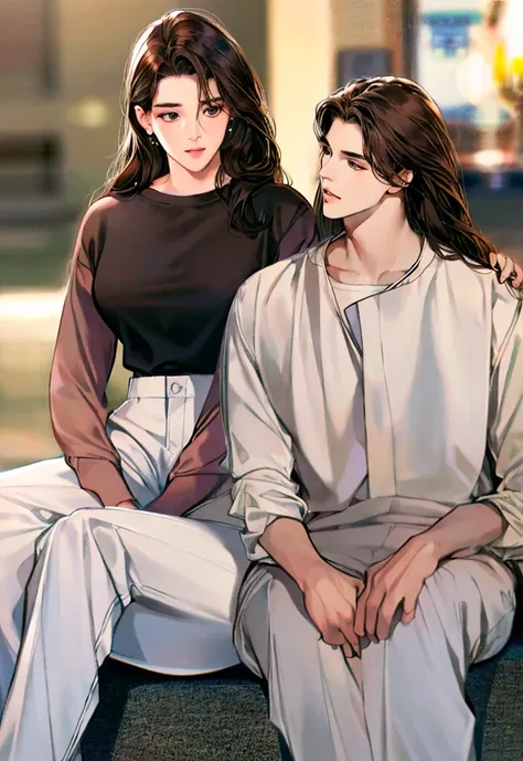 Concept art, love themes, illustrations, 1girl, 1boy, brown hair, shirt, black hair, white shirt, brown eyes, hetero, sitting, blurry background, blurry, long hair, looking at another, white pants, pants, black eyes, long sleeves, collared shirt, closed mo...