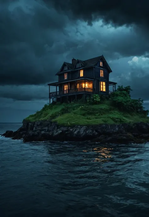 a close up of a house on a small island under a cloudy sky, location of a dark old house, moody night time scene, dark and dramatic atmosphere, dark atmosphere illustration, gloomy lighting, dark and moody atmospheric, extremely gloomy lighting, dark foreb...