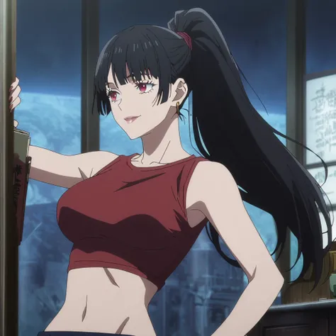 1girl, female gojo satoru, anime screencap from jujutsu kaisen, gojo satoru female version, solo, long_hair, Red eyes ((Black_hair)), night view, (hanging breasts) upper_body, smile, indoors, book, red_eyes, lips, (high ponytail) ((wearing red crop top)) b...