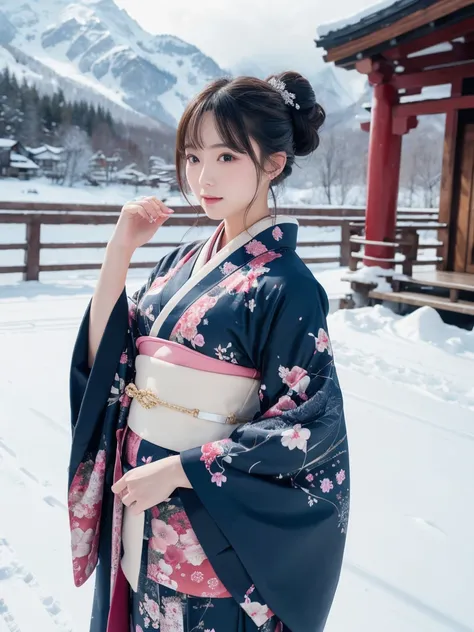 Highest quality, Super detailed, In detail, High resolution, Perfect dynamic composition, Beautiful attention to detail,kimono,Ski,Snow Mountain,winter,Long Updo