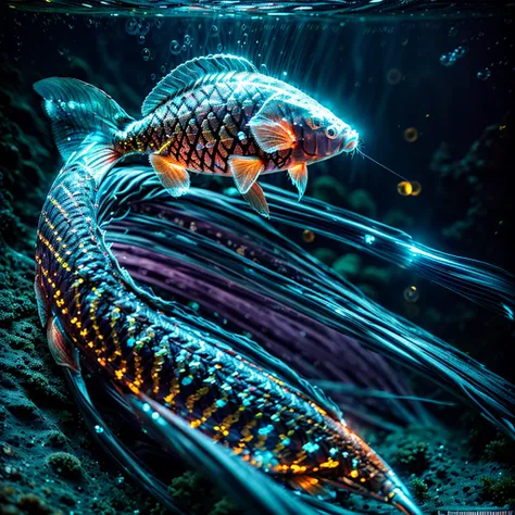 Red and White (NOGIZAKA carp:1.4) UnderwaterPhoto ((Refraction of rays falling from waterface)) Tindall Effect, Sparkling water bubbles, ((Oodles FlowingBubbles))Expressing the flow of water, brilliance, ((The Stunning sparkling surface of the water seen f...