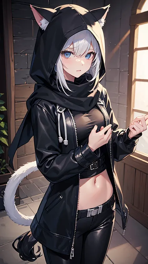 work of art, best qualityer, high resolution, 1 girl, synonym 1, scarf, short hair, mitts, ninja mask, long sleeves, leather pants, White hair, Cats ears, cat tail, Rougue clothes, leather pants, holding, holding faca, bangs over one eye, bangs covering on...