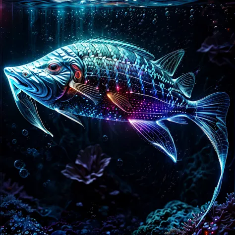 red and white (doragon fish:1.4) underwaterphoto ((refraction of rays falling from waterface)) tindall effect, sparkling water b...