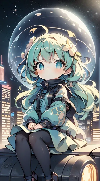 Highest quality, masterpiece, Very detailed, Detailed Background, anime, One girl, Young girl, Short girl, sf, sf, Outdoor, night, Starry Sky, greenhouse, huge structure, Biodome, Wind景, scenery, horizon, rooftop, sitting on rooftop, Wind, avert your eyes,...