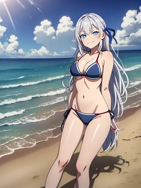 1girl, alya, white hair, long hair, hair ribbon, blue eyes, bikini,, in all four, smug face, beach, anime style