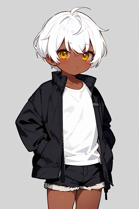 1girl, tomboy, short girl, pixie cut, dark skin female, flat chest, shirt, jacket, shorts, white hair, yellow eyes