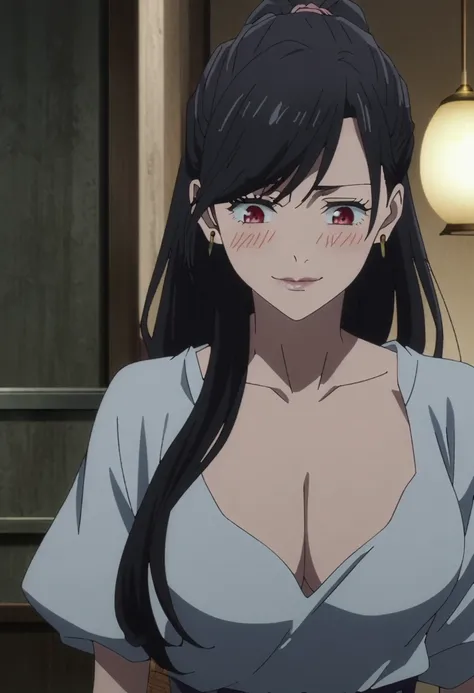 1girl, female gojo satoru, anime screencap from jujutsu kaisen, gojo satoru female version, solo, long_hair, Red eyes ((Black_hair, swept bangs)), night view, (hanging breasts) upper_body, smile, indoors, book, red_eyes, lips, (high ponytail) ((wearing cas...