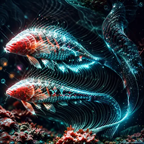 red and white (nishikigoi carp:1.4) underwaterphoto ((refraction of rays falling from waterface)) tindall effect, sparkling wate...