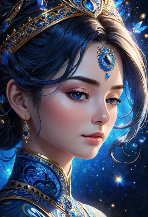 a close-up portrait of a woman with her eyes closed, the center of her forehead glowing an indigo blue, a serene and blissful ex...