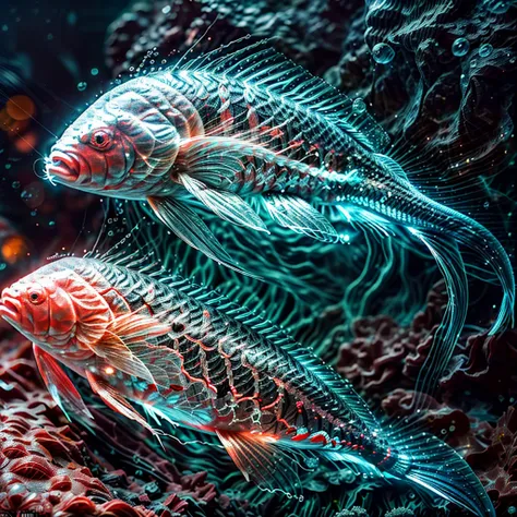 red and white (nishikigoi carp:1.4) underwaterphoto ((refraction of rays falling from waterface)) tindall effect, sparkling wate...