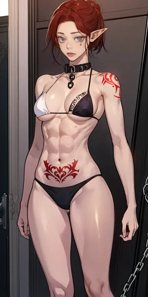 ((1 girl)) whole body, standing, gray skin, drow, elf, maduro, purple eyes, by white, black bikini, ABS, tattered rags, chain collar, stomach tattoo (red tattoo)