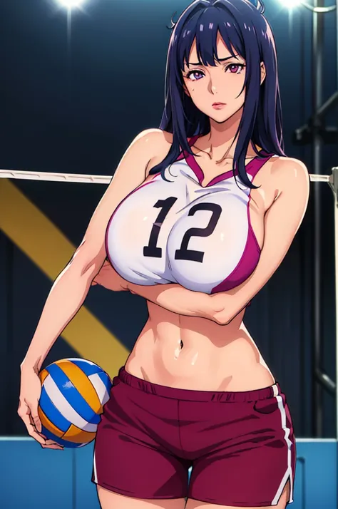 showing her armpits, (voleyball t-shirt), (voleyball short pants), volleyball court background, njakiv4, oda non style, anime ce...