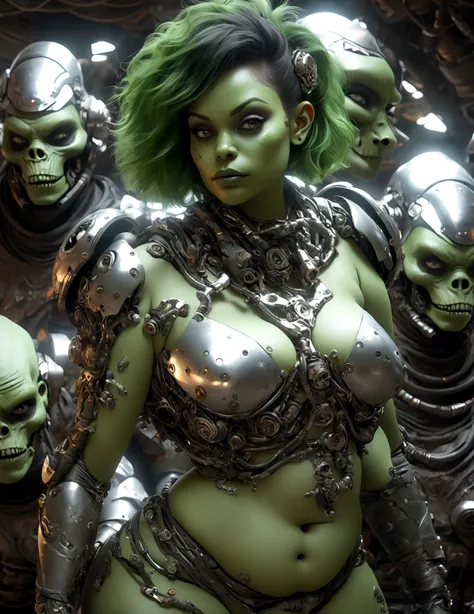 a group of sexy space goblins, green skin, chubby, large breasts, wide hips, wearing revealing scrap metal space suits, posing seductively in a bedroom, surrounded by scrap metal ships and weapons with skull insignias, highly detailed, 8k, photorealistic, ...