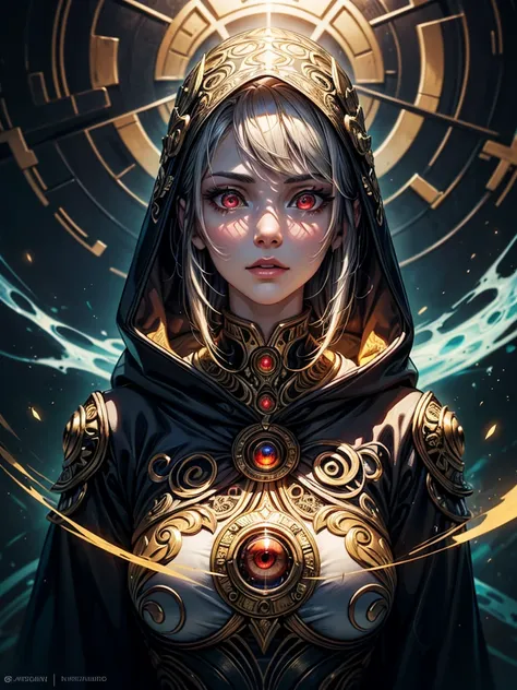 masterpiece,beautiful face,perfect illumination, detailed background,krystal_boyd
digital art of a cybernetic mystic in an ancient corridor. The figure has a half robotic face and half human face with a single glowing red eye and is wearing a hooded cloak ...