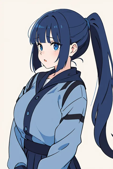 1girl, blunt bangs, ponytail, big eyes, dark blue hair