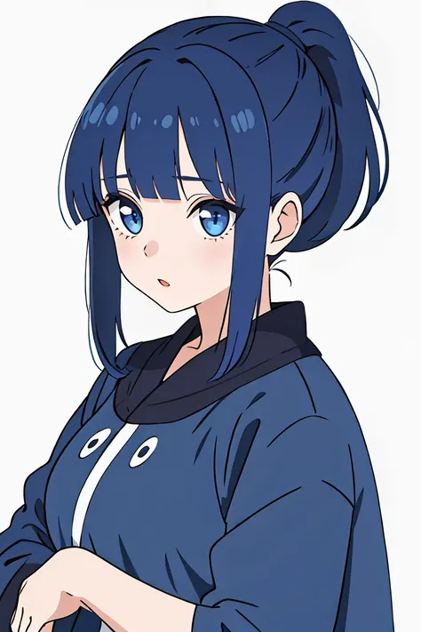 1girl, blunt bangs, ponytail, big eyes, dark blue hair