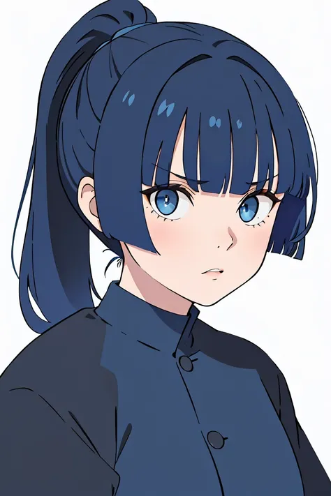 1girl, blunt bangs, low ponytail, big eyes, dark blue hair, serious