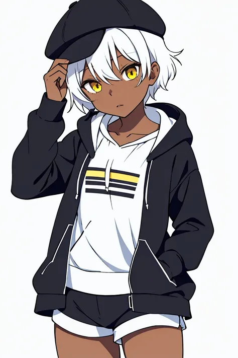 tsunako, 1girl, tomboy, hat, pixie cut, dark skin female, flat chest, shirt, open hoodie, shorts, white hair, yellow eyes