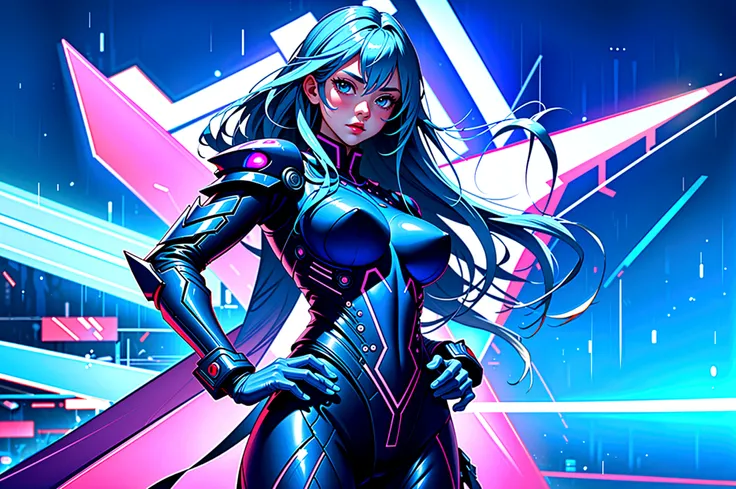 Rainy night、Ultra detailed shot of a beautiful woman with long blue hair、Super big breasts、Action Shots、Futuristic Suit、Futuristic city with colorful neon lights