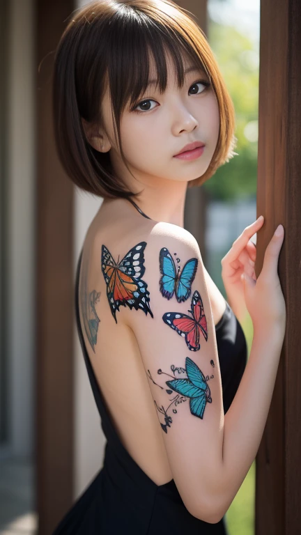 masterpiece, best quality, high resolution, a girl, solitary, butterfly tattoo, short hair, #5: parted bangs, nude and covered, ...