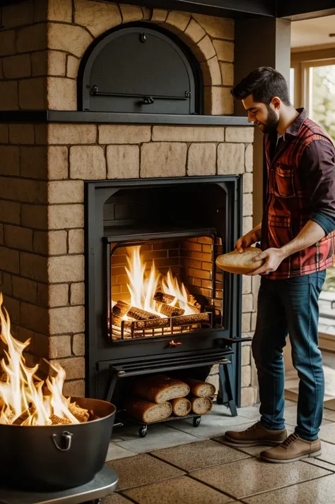 young man is rolling bread in the baground and the fire is burning in the oven
