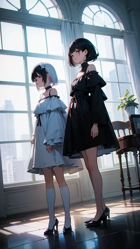 1  with white hair,standing by the window,Wearing an off-the-shoulder outfit, 2 sisters with black hair,Sit and watch,