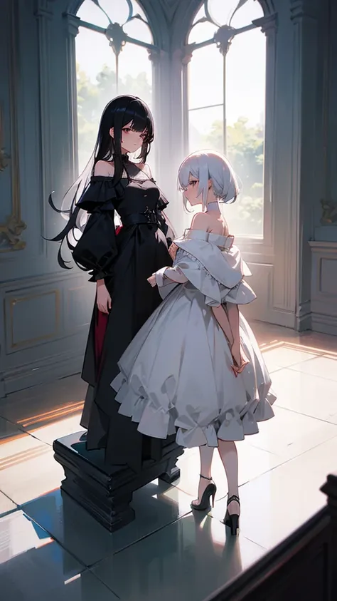 1  with white hair,standing by the window,Wearing an off-the-shoulder outfit, 2 sisters with black hair,Sit and watch,