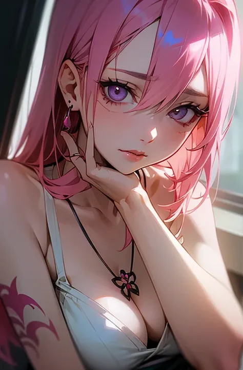 Cool women、sexy、Center of chest、Rize from Chainsaw Man、beauty、Yandere、、Face close-up、Kiss with your eyes closed、Chest tattoo、race、necklace、Pink Hair、(sexy)、(Kiss the viewer)、turn around、