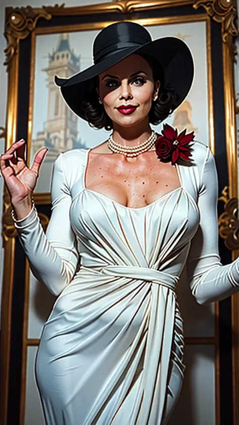 Charlize Theron, realistic,beautiful mature woman,looking at viewer,perfect lighting,(full body,standing,wide shot), lady dimitrescu,(wearing a white dress),indoors castle background,large black hat, necklace,short black hair,black flower on chest,red lips...