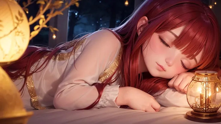 Close up view of a beautiful teenage girl sleeping peacefully in a fantasy bed lit by the gentle glow of fireflies. The girl has red hair,Canon EOS R6 Mark II、It captures the intricate details of her serene expression as she rests in the ethereal surroundi...