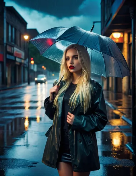 very attractive 25 year old girl with long platinum blonde hair,lipstick smudged, sad expression, gloomy atmosphere, street light illuminating her, dark clouds in the sky, puddles on the ground, abandoned umbrella, reflections on the wet pavement, misty ra...