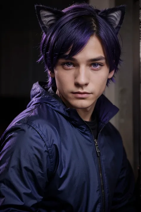 A young man with purple eyes in a dark blue jacket with purple hair and cat ears