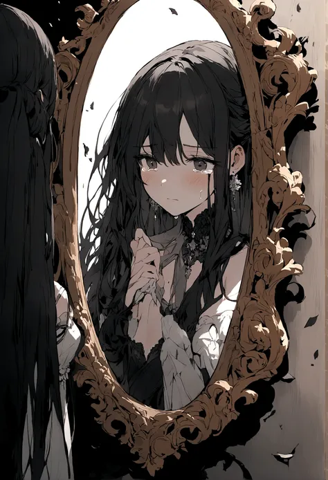 Passing by，The World in the Mirror，Sad expression，Tears，beautiful，Long hair，((broken的镜片))，broken