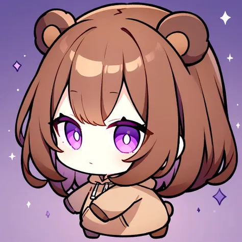 masterpiece, (Highest quality), ((Most detailed)), Brown Hair、Chibi Character、２Head to Body、Wearing a brown bear hoodie、Bear Ears、Purple Eyes、Purple solid background、Illustration icon、Brown long hair