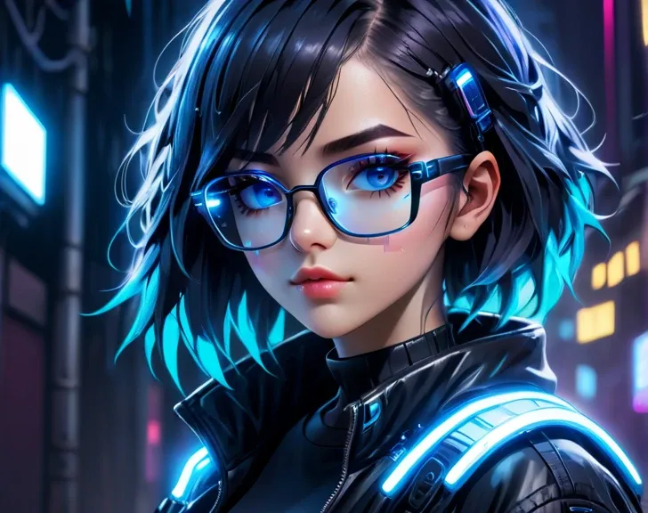 Cyberpunk,girl with blue glasses,Luces led.