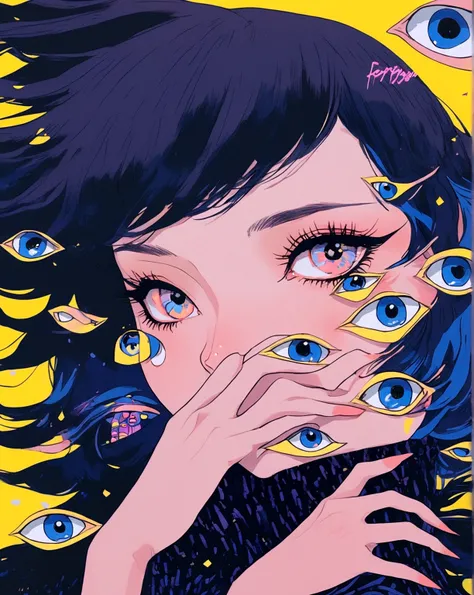 a close up of a person with a hand on their face, cyberpunk art inspired by Harumi Hironaka, pixiv contest winner, pop surrealism, anime vibes, dreamy psychedelic anime, anime style illustration, anime aesthetic, anime style 4 k, yellow eyes, anime illustr...