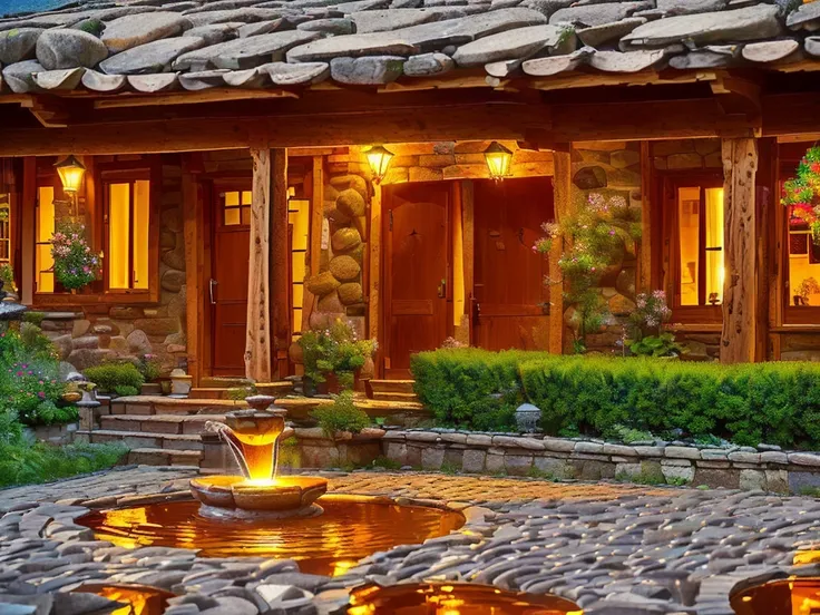 (((Masterpiece))), (high quality),(Small Western-style building,One-storey,Cobblestone garden,Broken fountain:1.5),(There is no one here:1.5),(Long Shot,Photograph the entire Western-style building:1.5)