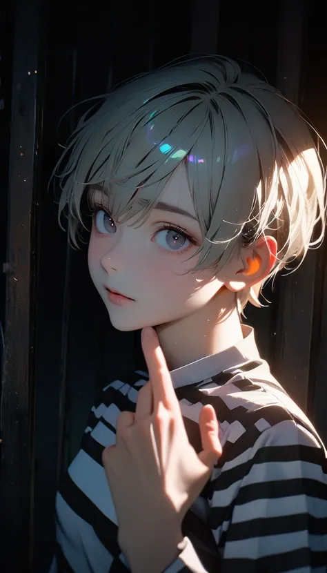 (8K, RAW photos, best quality, masterpiece: 1.4), (((Boy looking at his palm)))，Ultra-high resolution, Extremely detailed, light, Upper body close-up, handsome boy, black eyes, (delicate eyes, Eyes are bright:1.2), Gray short hair, Fair skin,dark, Black an...