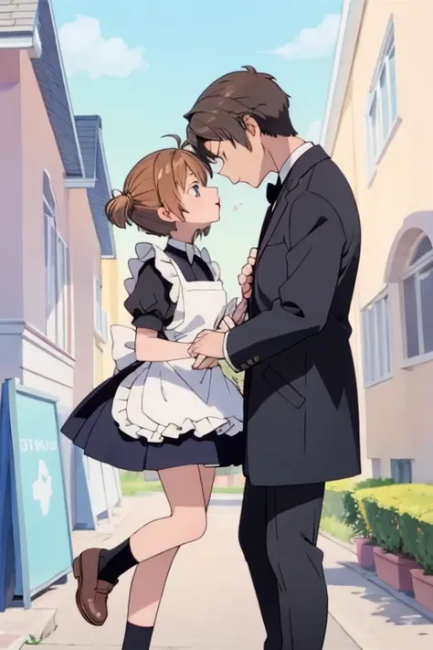 anime,cute, Couple,Kissing in a big park,One is a 10-year-old magical girl wearing an apron dress.、The other is a 25-year-old man wearing a black suit..,Chestnut short bob hair,Ruffled Apron Dresses,Wear a petticoat,Wear knee-high socks,The man is wearing ...