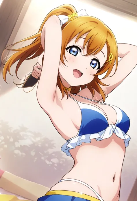 (masterpiece, best quality, highres), 1girl, medium hair, medium breasts, bikini, swimsuit, arms up, hands up, armpits, white background, id_honoka_kosaka