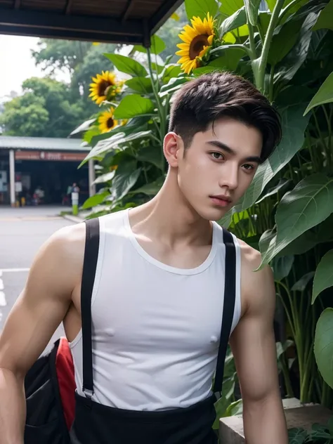 male, 20 year old boy, black eyes, slick back, sleeveless clothes, half body photo, head facing the camera, parking area, jungle, sunflower