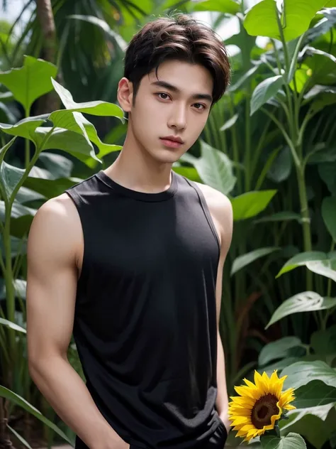 male, 20 year old boy, black eyes, slick back, sleeveless clothes, half body photo, head facing the camera, parking area, jungle, sunflower