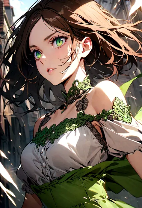 Attack on titan, girl with long brown hair, bright green eyes, dress