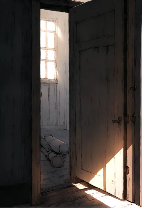 Passing by，Broken door frame，Push open the door，The sunlight shines into the dark room through the door